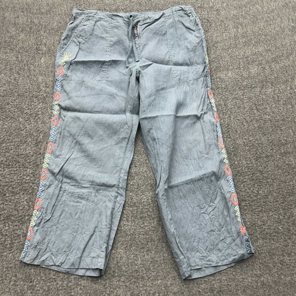 Johnny Was JW‎ Linen Pants Crop Wide Leg Embroidered Medium Floral Resort Boho